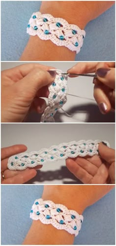 the instructions for crochet bracelets are shown in three different pictures, one is being