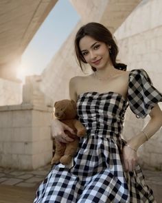 Olivia Mark - Chic and Stylish Bubble Sleeve Plaid Shoulder Long Dress Checkered Dress, Loose Knit Sweaters, Half Skirt, Bubble Sleeve, Strapless Maxi, Strapless Maxi Dress, Checkered Pattern, Types Of Skirts, Dress First