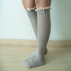 Platinum GREY Cable Knit Boot Socks W/ Cream Lace Ivory Buttons - Knee High Socks Legwarmers Lace So on Luulla Casual Beige Knee-high Socks For Spring, Cozy Mid-calf Spring Socks, Cream Knee-high Socks For Fall, Mid-calf Beige Socks For Fall, Beige Mid-calf Socks For Fall, Cream Knee-high Socks For Stocking Stuffers, Beige Knee-high Socks For Stocking Stuffers, Cute Knee-high Socks For Fall, Comfortable Beige Knee-high Socks