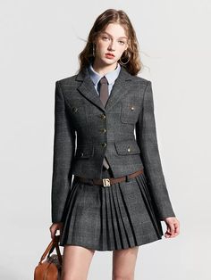 ❤︎Phantom gray check short suit jacket + pleated skirt❤︎ Gryffindor Outfit, Dream Picture, Grey Skirt Suit, Short Pleated Skirt, Preppy Mode, Dr Closet, Pleated Skirt Short, Peplum Blazer, Grey Skirt