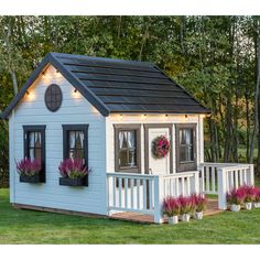 Whole Wood Playhouses Blackbird white with black trim corner view 8x8 Playhouse, Metal Terrace, Wooden Outdoor Playhouse, Playhouse Interior, Luxury Playhouses, Wooden Flower Boxes, Playhouse Kits, Kids Playhouse Outdoors, Wood Playhouse