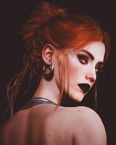 a woman with red hair and piercings on her back is looking at the camera