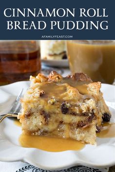 cinnamon roll bread pudding on a white plate