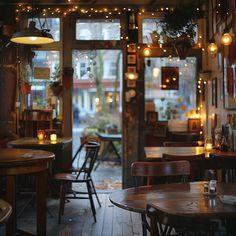 the inside of a restaurant with tables, chairs and lights hanging from the ceiling above