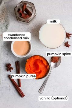 ingredients to make pumpkin spice pudding on a white surface with cinnamons, milk and anise