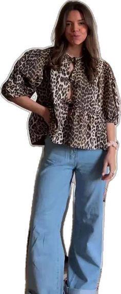 Printed Half Sleeve Tops For Vacation, Half Sleeve Tops For Fall Day Out, Trendy Half Sleeve Tops For Day Out, Trendy Printed Puff Sleeve Tops, Leopard Print Tops For Spring, Casual Printed Tops With 3/4 Sleeve, Casual Printed Top With 3/4 Sleeves, Printed Puff Sleeve Top For Vacation, Trendy Printed Crew Neck Blouse