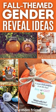 some pumpkins and other decorations with the words, fall - themed gender reveal ideas