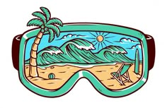 a pair of sunglasses with an image of the beach and palm trees