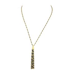 Material:14k yellow gold      Measurements:  Chain:    18" long     Centerpiece: 3" long w/bail   Weight:  9.3 grams    This is a gorgeous and sparkling two tone gold necklace, it is crafted from solid 14k yellow and blacken gold with a sparkling finish. The chain and tassel has a mixture of the darken gold with the yellow gold gives a stunning color contrast. It has a box chain link with a twisted design to give a sparkling effect. The multi-strand tassel is 2.5" long. It will look absolutely f Formal Evening Wear, Absolutely Fabulous, Color Contrast, Chain Link Necklace, Box Chain, Multi Strand, Black N Yellow, Evening Wear, Chain Link