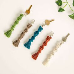 four different colored tassels are shown on a white surface next to a plant