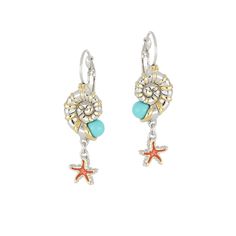 Free shipping on all orders over $150. Made with rhodium and gold. Guaranteed for life. Caraíba Collection Nautilus & Starfish French Wire Earrings by John Medeiros Jewelry Collections. Let the ocean vibe of the Caribbean shine through your style. Caraíba highlights nautilus, starfish and seashell elements. 1-3/4"L x 1/2"W