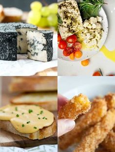 four different pictures with cheese, bread and other food items in the same collage