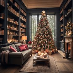 a living room with a christmas tree in the corner and lots of bookshelves