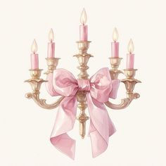 a chandelier with pink bows on it and three candles attached to the arms