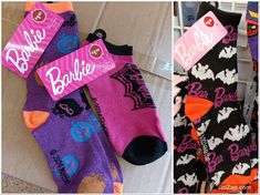 three pairs of socks with the name barbie on them, and two pictures of one