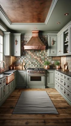 a kitchen with wooden floors and green cabinets, an oven and range hood in the center