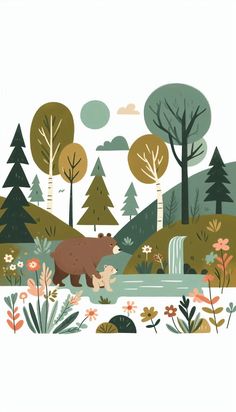 a bear in the woods with trees and flowers