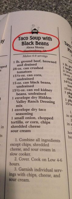 an open recipe book with instructions on how to make taco soup and other foods