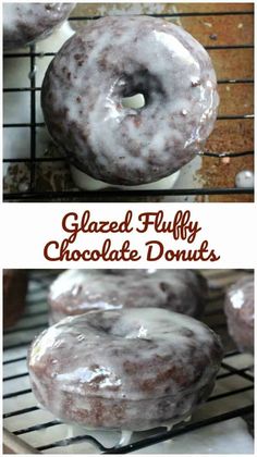 glazed fluffy chocolate donuts on a cooling rack with the words glazed puffy chocolate donuts