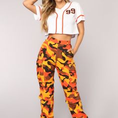 Button Up Crop Top With The Number 99 On The Front And The Word Hustle On The Back. Goes Great With Some Orange Camo Pants Like In The Picture! Casual Multicolor Bottoms With Button Closure, Trendy White Cargo Pants For Fall, Casual Orange Bottoms With Button Closure, White Pants With Button Closure For Day Out, Orange Camo Pants, Hustle And Flow, Army Clothes, Fly Outfit, Orange Camo