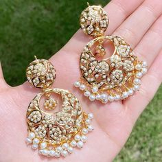 floral design pearl chandbali with gold plating on silver 22k Gold Jewelry Necklaces, Gold Plated Jewellery, 22k Gold Jewelry, Chandbali Earrings, Pearl Necklace Set, Blue Stones, Gold Jewelry Necklace, Gold Pearl Earrings, Earrings In Gold