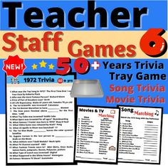 Teacher Staff Icebreakers Games 6 Resource Meetings Group ResourceALL NEW Teacher Staff Faculty Games, Tray Game, 50 years Trivia, Song Trivia, TV and Movie TriviaIncludes: 6 Different Teacher & Staff Activities, ALL NEW1. Trivia 50 years ago Questions ActivityTrivia from 50 yearsTrivia 50 years ago Answer Key2. Tray Game Activity Tray Game DirectionsAnswer KeyPut items on Tray4. This or That Trivia Game Activity5. Song Trivia Questions ActivitySong Trivia Answer Key7. TV & Movie Trivia Teacher Appreciation Games, Games For Teachers Day Celebration, Faculty Meeting Games, Teacher Games For Staff, Staff Games For Teachers, Staff Meeting Games, Staff Party Games, Staff Activities, Games For Teachers