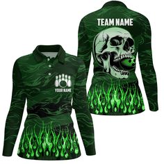 a women's green shirt with a skull on it and flames in the background