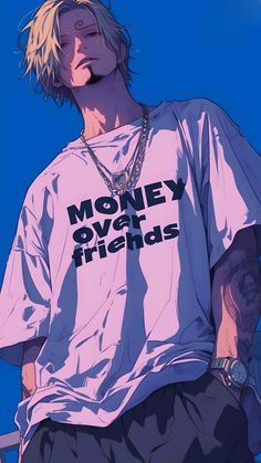 a man with blonde hair wearing a t - shirt that says money over friends on it