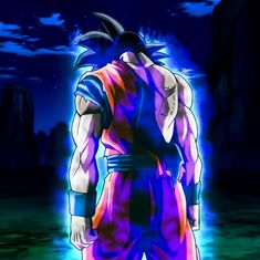 the dragon ball super saiyan is standing in front of a blue sky with clouds