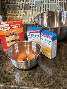 an image of eggs in a bowl and ingredients on the counter top for making cake