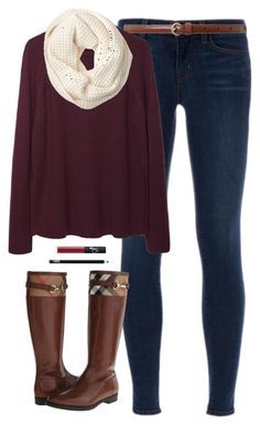 A fashion look from January 2015 featuring crew neck shirt, low rise skinny jeans and zip boots. Browse and shop related looks. Preppy Fall Fashion, Burberry Boots, Preppy Winter, Preppy Fall, White Scarf, Kitenge, Luxury Products, Hem Jeans, Dark Blue Jeans