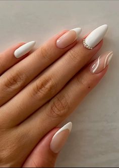 Nail Art Design For Marriage, Milky White Nail Design Ideas, Senior Picture Nails Ideas White, Nails Beige Aesthetic, Cute Simple Almond Nails, White Nails Almond Shape, Feminine Nails Classy, Long Almond French Tip Nails, Acrylic Almond Nails Ideas