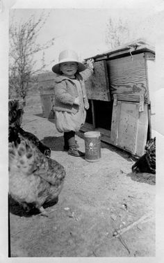 an old black and white photo of a child feeding chickens