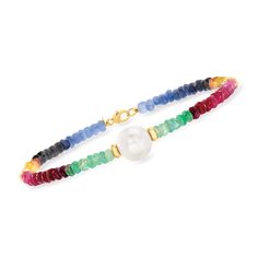 Ross-Simons - 9-10mm Cultured Pearl, 25.00ct t. w. Multicolored Sapphire Bead Bracelet. 8.25". Slip on this fabulous 25.00 ct. t. w. round faceted multicolored sapphire bead and 9-10mm cultured freshwater pearl bracelet for an instant dose of vibrancy and verve! You'll love admiring the rainbow of gemstones, punctuated with a large lustrous pearl as the focal point. Each bracelet is unique; due to the rough-cut nature of the beads, stone count, size and gemstone color pattern will vary. Finishes Personalized Charm Necklace, Cultured Pearl Bracelet, Elephant Pendant Necklace, Emerald Earrings Studs, Glass Drop Earrings, Turquoise Drop Earrings, Turquoise Pendant Necklace, Cultured Pearl Necklace, Chakra Jewelry