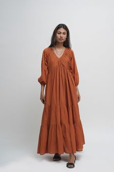 Organic Cotton Maxi Dress, Tan Orange Tiered and Layered Dress, Boho Tunic With Pockets, Comfortable Loose Fit, Plus Size, Custom Sizing - Etsy Flowy Cotton Boho Dress With V-neck, Bohemian Cotton Tiered Maxi Dress, Bohemian Cotton Maxi Dress With Tiered Design, Bohemian Style Cotton Tiered Dress, Flowy Bohemian Tiered V-neck Dress, Flowy Bohemian V-neck Tiered Dress, Bohemian Cotton Tiered Beach Dress, Bohemian Relaxed Fit Dress With Ruffles, Flowy Bohemian Tiered Dress