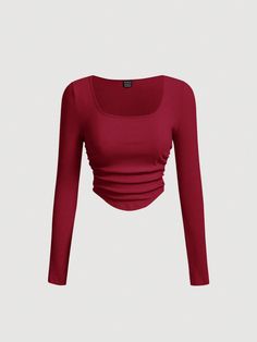 Scoop Neck Ruched Long Sleeves Red Crop Tee Burgundy Casual  Long Sleeve Knitted Fabric Plain  Slight Stretch  Women Clothing, size features are:Bust: ,Length: ,Sleeve Length: Crop Top Long, Red Shirt Long Sleeve, Short Sweaters, Red Shirts Women, Red Party Top, Red Long Sleeve, Cute Red Fitted T-shirt, Fitted Tops, Cropped Shirts