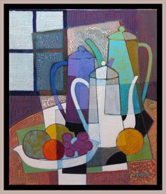 an abstract painting of coffee and fruit on a plate with a window in the background