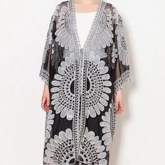 Brand New In Perfect Condition Embroidered Long Floral Kimono Swim Cover Up. Can Be Worn As A Swim Cover Up Black Spring Festival Cover-up, Elegant Floral Embroidered Summer Kimono, Black Long Cover-up For Spring, Long Black Cover-up For Spring, Long Black Spring Cover-up, Elegant Black Festival Cover-up, Elegant Embroidered Beach Kimono, Black Kimono Sleeves Cover-up For Spring, Elegant Beach Kimono With Embroidery