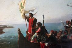 a painting of people on a boat in the water with one person holding a flag