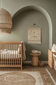 a baby's room with a crib and rug