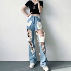 ?Blue Ripped High Waist Jeans for Women Y2K Vintage Straight Denim Trousers Female Streetwear Hollow Out Hole Hip Hop Pants ? ? Teen Streetwear, Crop Top And Sweatpants, Trendy Summer Fits, Cargo Pants Streetwear, Female Streetwear, Trendy Trouser, Womens Ripped Jeans, Hip Hop Pants, Denim Flare Jeans