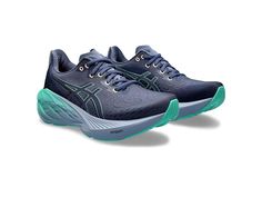 ASICS Women's Novablast 4 - Women's Shoes : Thunder Blue/Blue Expanse : The primary materials that compose this product contain a minimum of 20 percent recycled content. Be it field or mountains, embrace the freedom of comfort and movement wearing ASICS Novablast 4 Road Running Shoes. Featuring FF BLAST PLUS ECO cushioning midsole for added comfort, the lace-up footwear has engineered polyester mesh upper, lining with removable OrthoLite insole and responsive AHAR outsole. Tongue wing constructi Blue Asics Running Shoes For Sports, Dynamic Blue Asics Running Shoes, Blue Asics Sneakers For Trail Running, Asics Blue Running Shoes For Marathon, Sporty Fade-resistant Asics Running Shoes, It Field, Asics Women, Road Running, Product Reviews