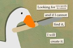 a duck with a knife in its mouth and some words on the side of it