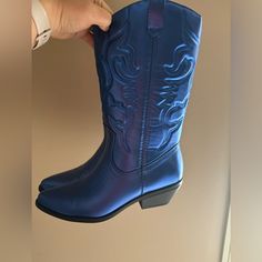 Size 8 Blue Metallic Western Cowgirl Boots Never Worn - Only Tried On. Casual Blue Boots For Party, Casual Blue Boots For Fall, Blue Party Boots For Fall, Western Blue Boots For Spring, Blue Boots For Fall Party, Fitted Blue Boots For Fall, Blue Boots For Rodeo, Trendy Blue Winter Boots, Trendy Blue Mid-calf Boots For Fall