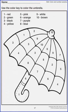 an umbrella worksheet with numbers and colors to help students learn how to color