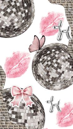 a pattern with pink bows and silver disco balls