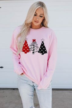 Pink Christmas Tree Graphic Print Pullover Sweatshirt Graphic Pant, Christmas Tree Graphic, Slouchy Sweatshirt, Graphic Print Sweatshirt, Swimwear High Waisted, Tree Graphic, Graphic Tank Tops, Bodycon Floral Dress, Pink Christmas Tree