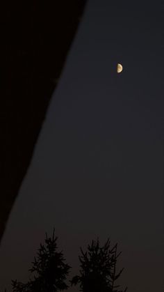 the moon is seen through some trees at night in this photo taken from an outside window