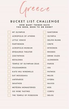 a checklist with the words, bucket list challenge written in pink and gold on it