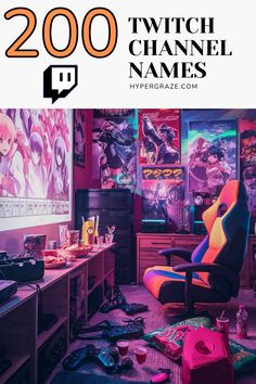 A colorful gaming room filled with anime posters, a gaming chair, controllers, snacks, and game consoles, promoting a list of 200 Twitch gaming channel names for streamers looking for creative name ideas. Twitch Channel